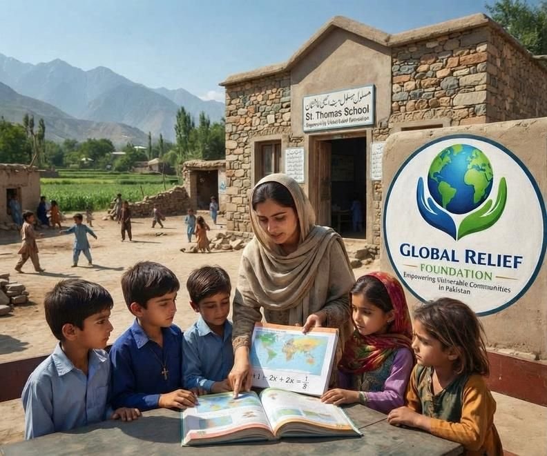 A teacher reading with children at a school supported by Global Relief Foundation