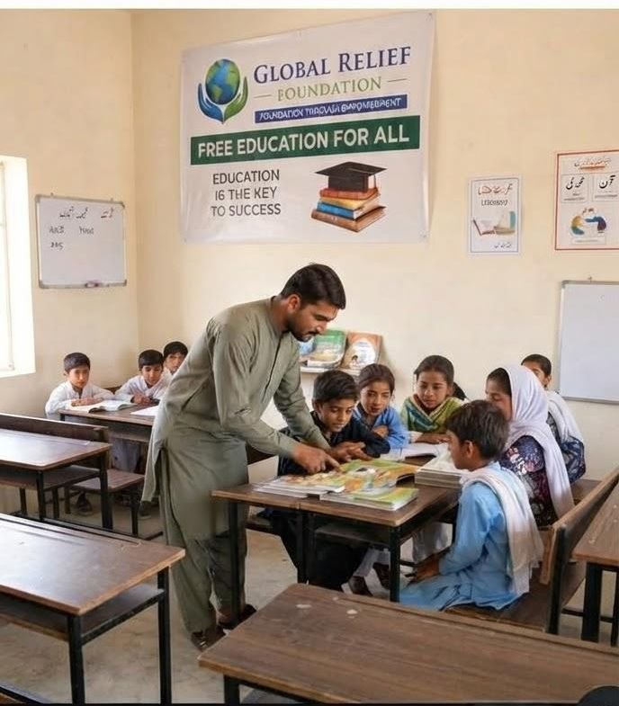 A teacher helping children with their work in a GRF classroom