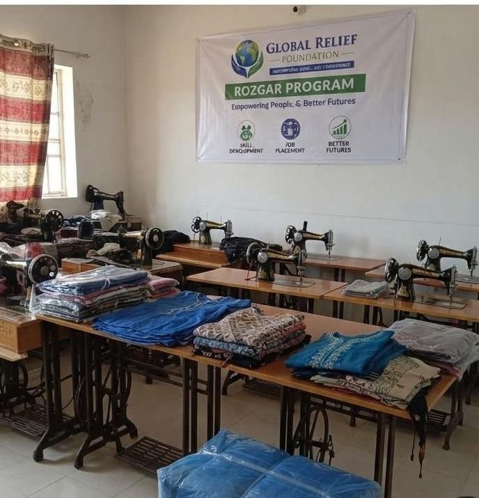 Sewing machines and fabric ready for Rozgaar trainees