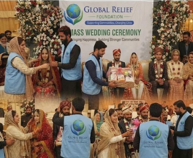 GRF volunteers presenting gifts to brides and grooms