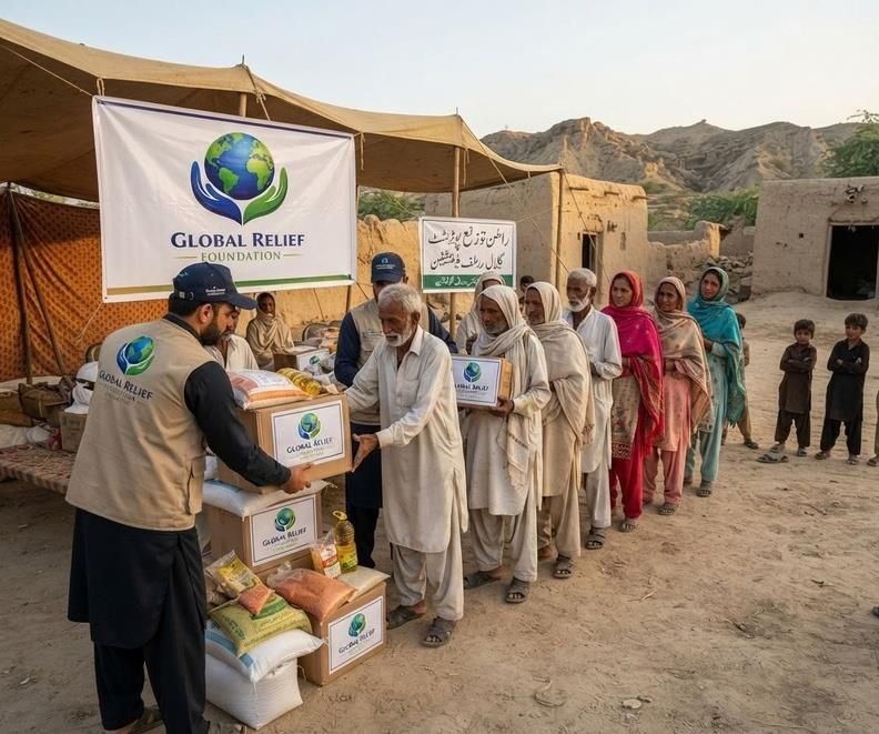 GRF volunteers handing ration boxes to families