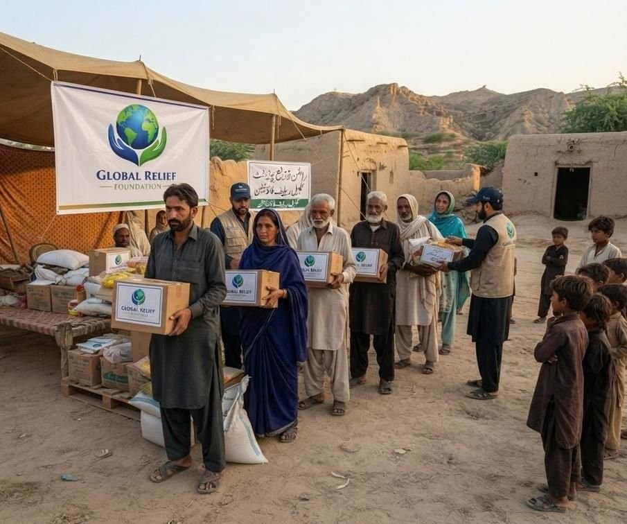 Families receiving ration boxes from GRF volunteers