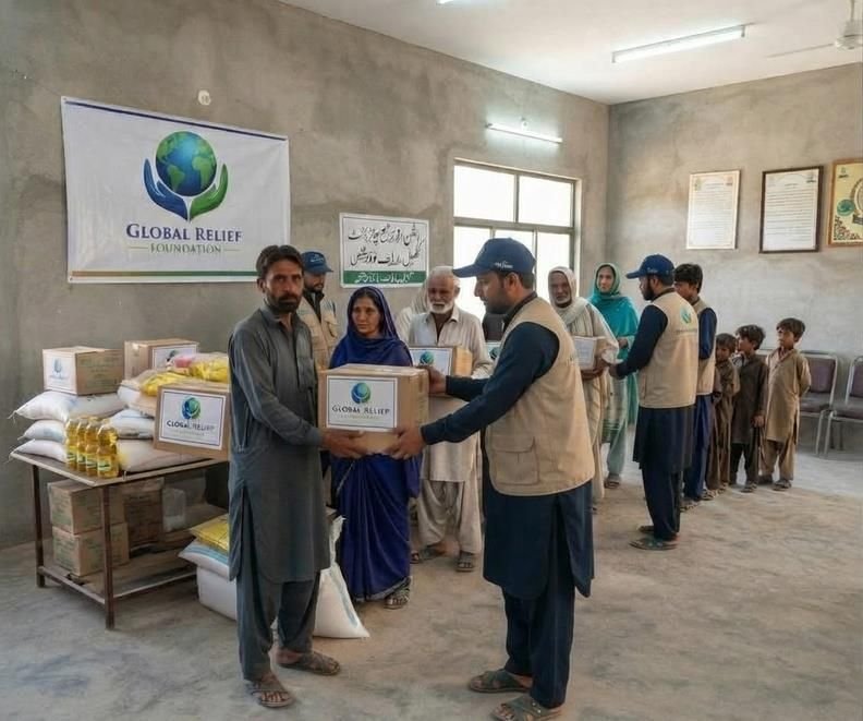 A GRF volunteer handing a ration box to a woman